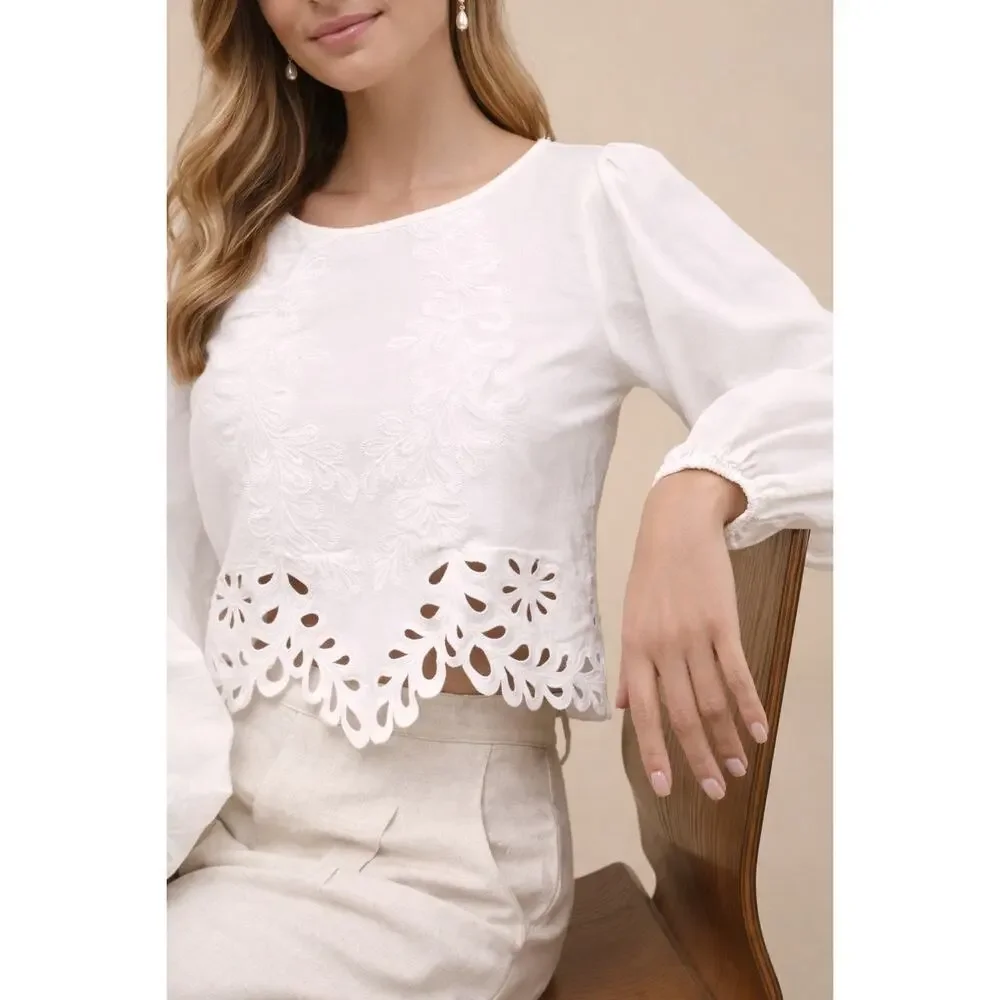 Lulus Adjoa White Embroidered Scalloped Crop Top | Size Small | NWT - Picture 5 of 9